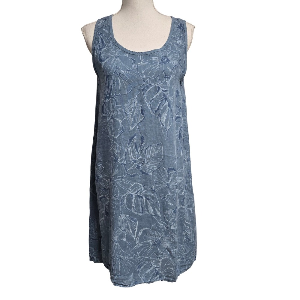 Vasna 100% Linen Floral Sleeveless Shift Dress Blue Made in Italy Women's Size M